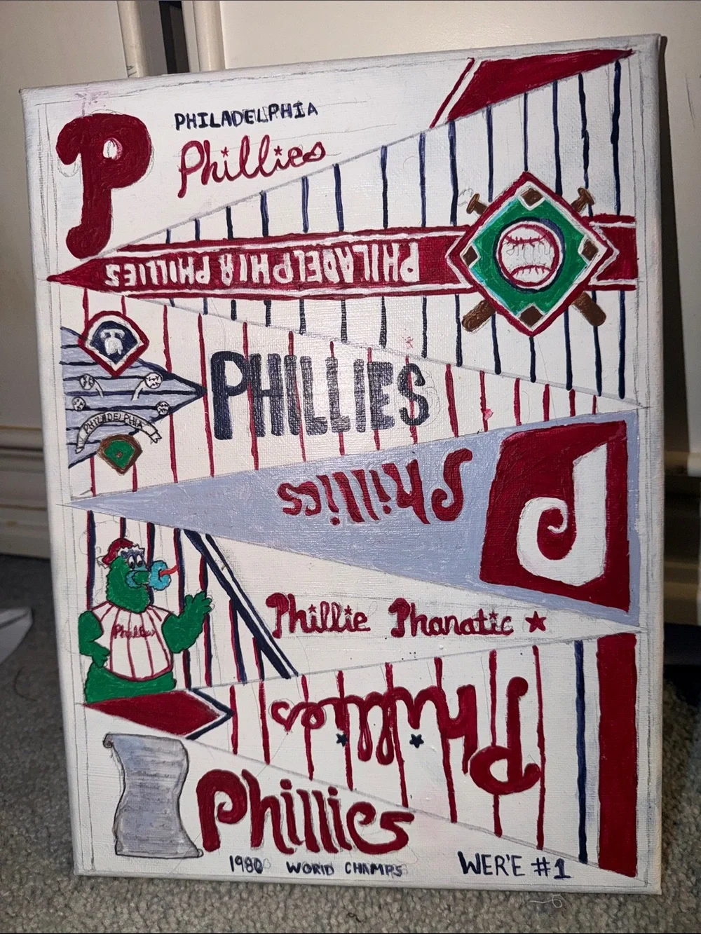 Philadelphia Phillies Red & White Fan Art Canvas Hand painted by Bayleigh London